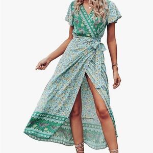Green and Blue Wrap Maxi Dress with Flutter Sleeves NWT Small